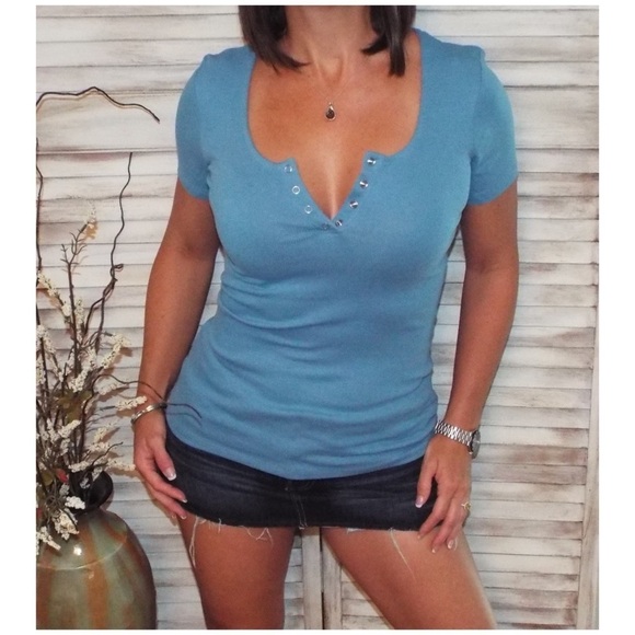 Henley Ribbed Short Sleeve Top Blue 1318 - Picture 2 of 5